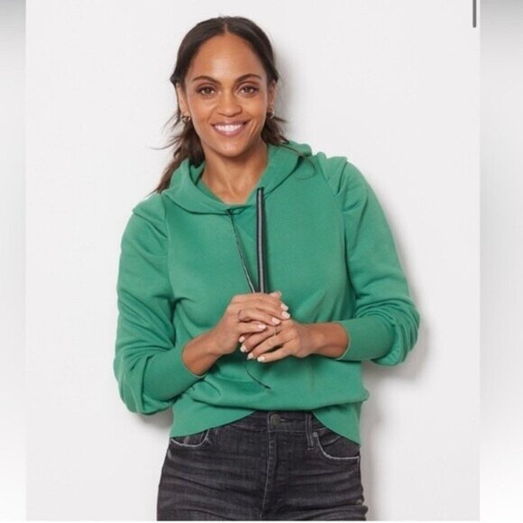 Evereve Tops - Evereve Womens Myla Pleated Hoodie Puff Sleeve Drawstring Pullover Green Size XL